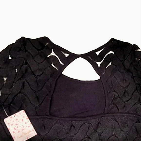 Free People Wild Thing Crochet Knit Black Mini Dress sz S Open Back Long Sleeve - Picture 8 of 15
